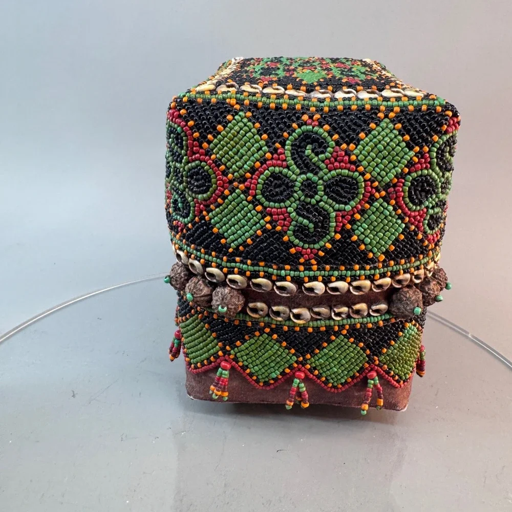 Handmade Balinese Beaded Offering Basket Box Cowrie Shell Tribal Boho Decor